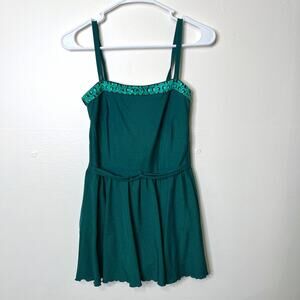 Vintage 60s 70s Roxanne Skirted One‎ Piece Swimsuit Green 12/34C Modest